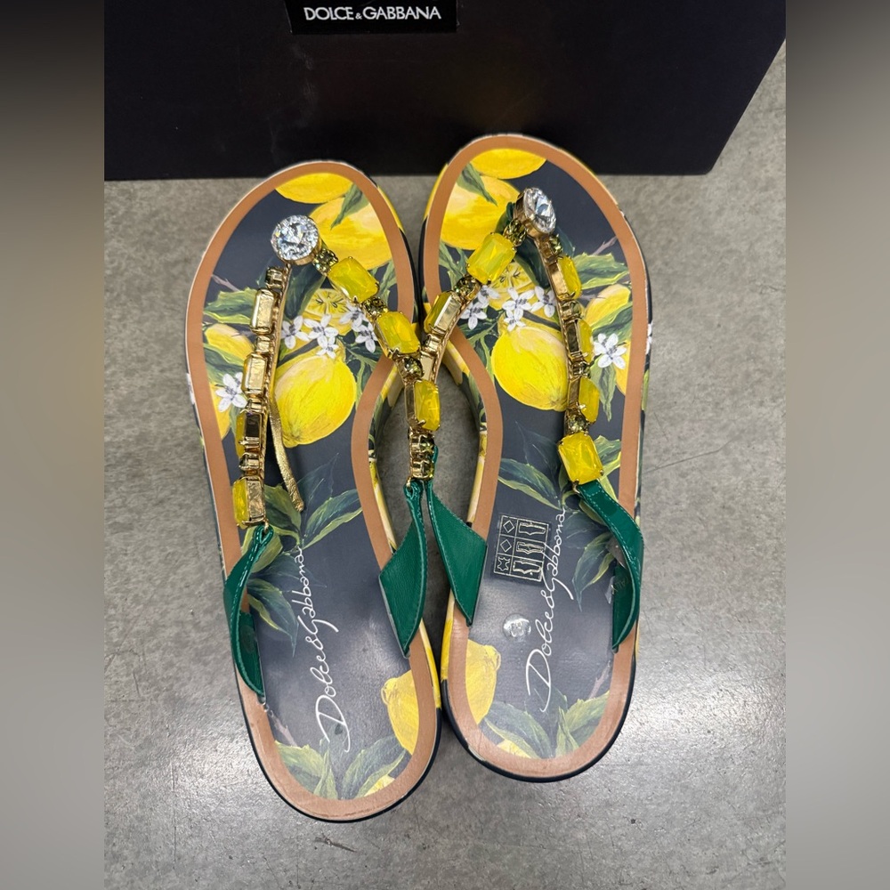 Dolce and Gabbana Lemon Print Jeweled Thong Flip Flop Sandals - Picture 5 of 10